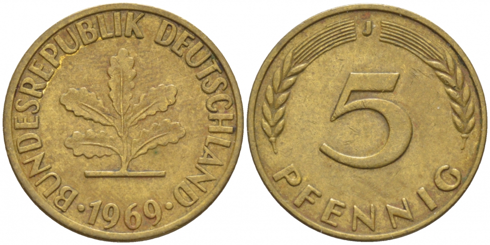 ФРГ 5 ПФЕННИГОВ 1969 J KM 107, J. 382 сталь плакированная латунью 4396-1633