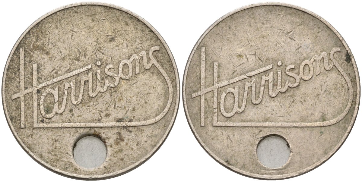 Англия жетон ND HARRISONS, диаметр 26,5 мм., с отверстием белый металл 69-236
