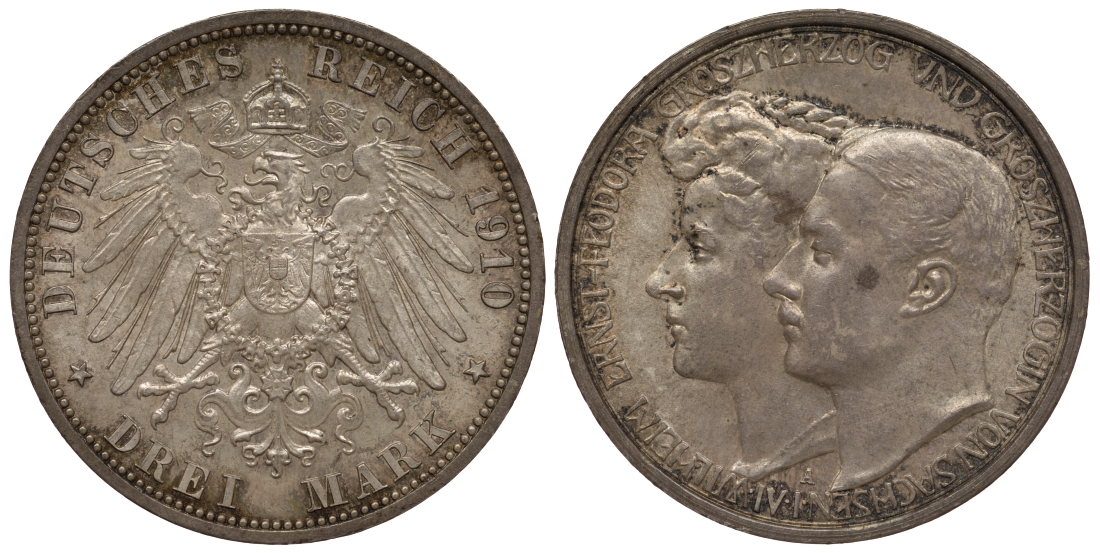 Саксен-Веймар-Эйзенах 3 марки 1910 A, на вторую свадьбу Вильгельма Эрнста и Феодоры Weege 158, J. 162, KM 176 серебро UNC 00-814-36