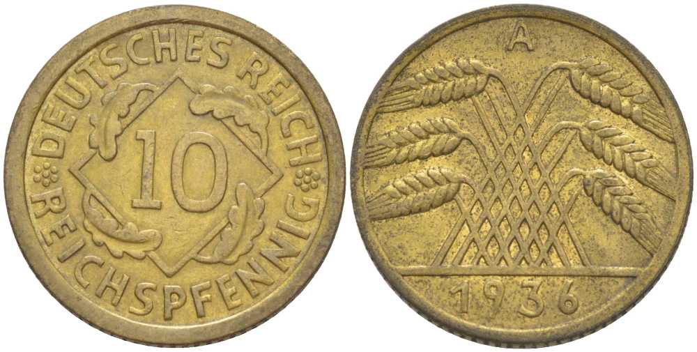 ГЕРМАНИЯ 10 РЕЙХСПФЕННИГОВ 1936 A KM 40, J. 317, Weege 9 алюминиевая бронза 210-432