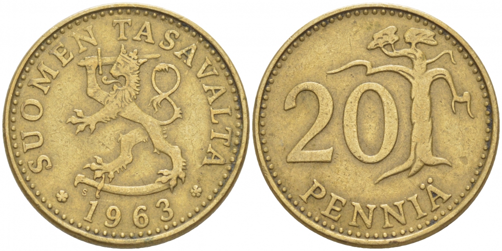 ФИНЛЯНДИЯ 20 ПЕННИ 1963 S ПЕРВЫЙ ГОД KM 47 алюминиевая бронза 3718-1156
