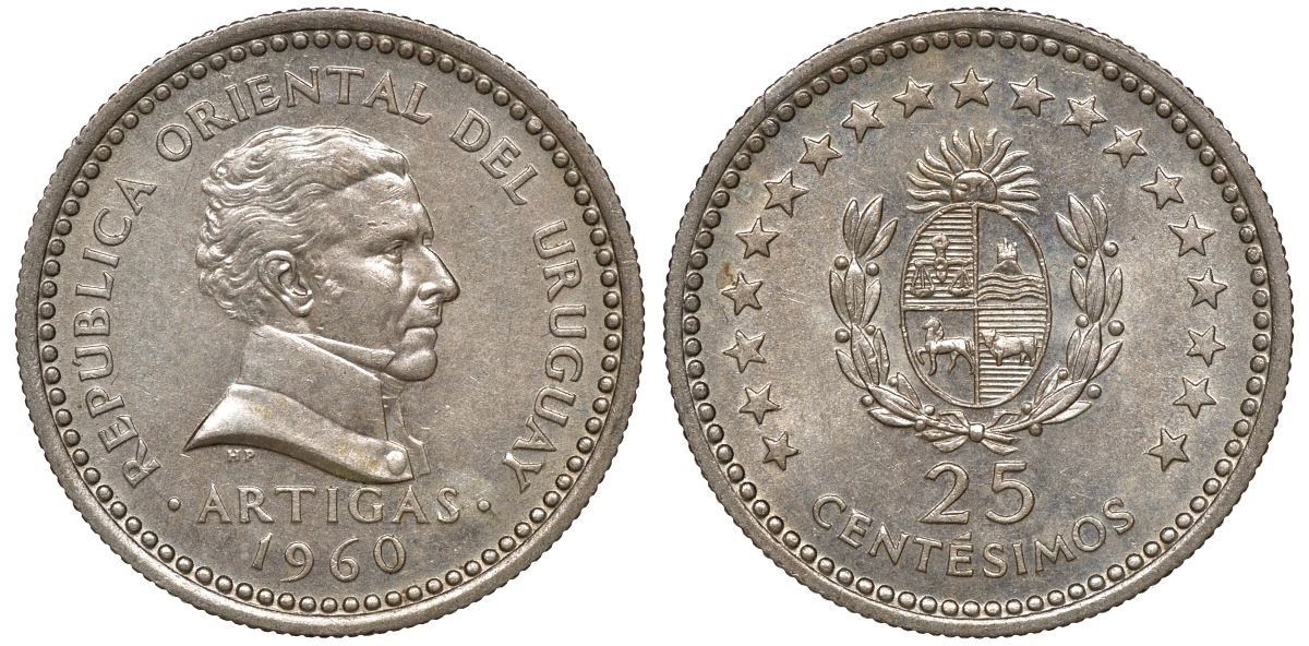 Уругвай 25 сентесимо 1960 KM 40 медно-никель 4169-1047