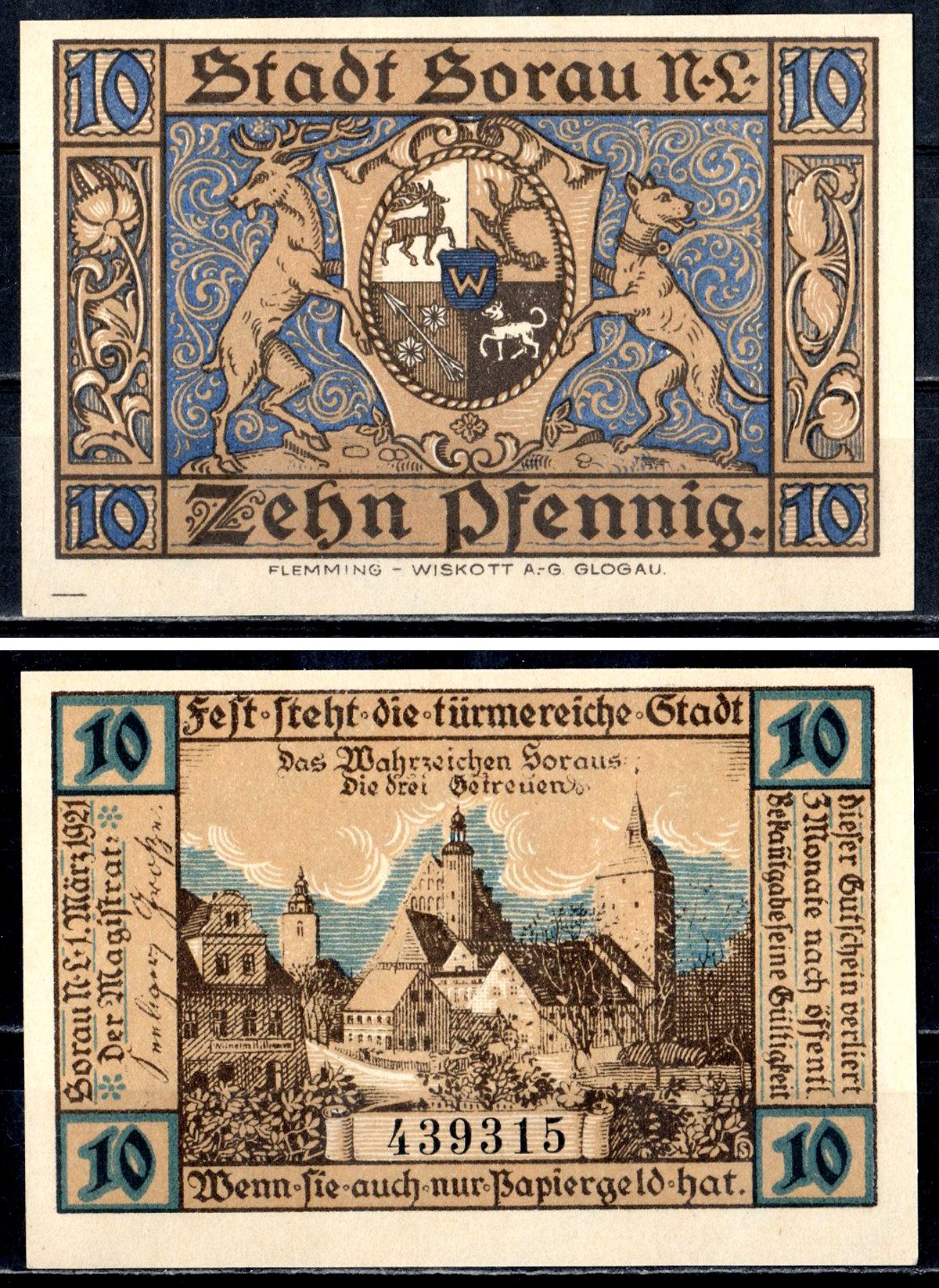 Зорау (Пруссия, Бранденбург) 10 пфеннигов 1921 Mehl Grabowski 1247.1a-1/2 бумага UNC (пресс) 7556-64-3-1