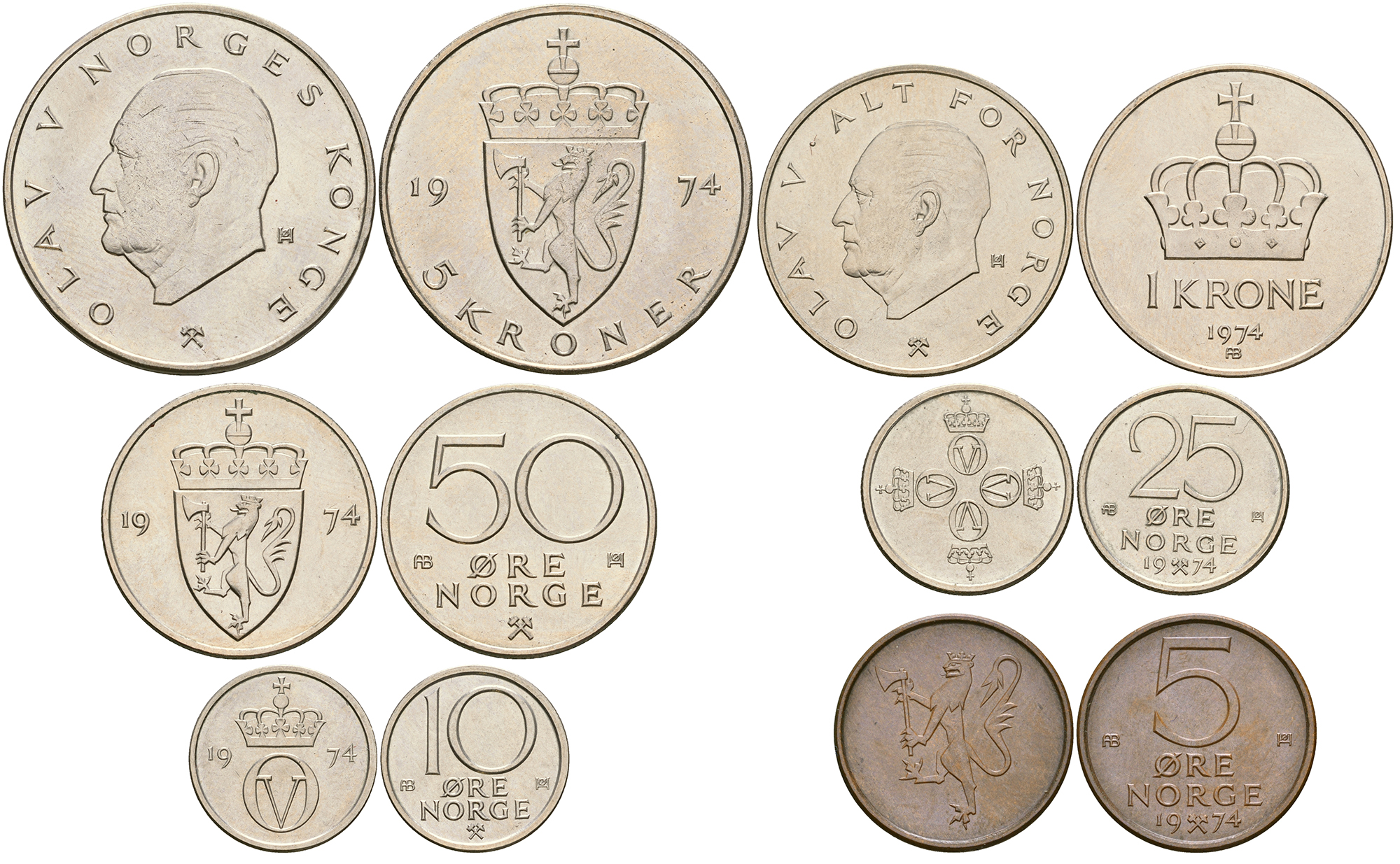 Норвегия набор из 6 монет 1974 5, 10, 25, 50 эре, 1, 5 крон, тираж 29695 экз. KM MS23 (KM 415-420) UNC 3-4-3-15