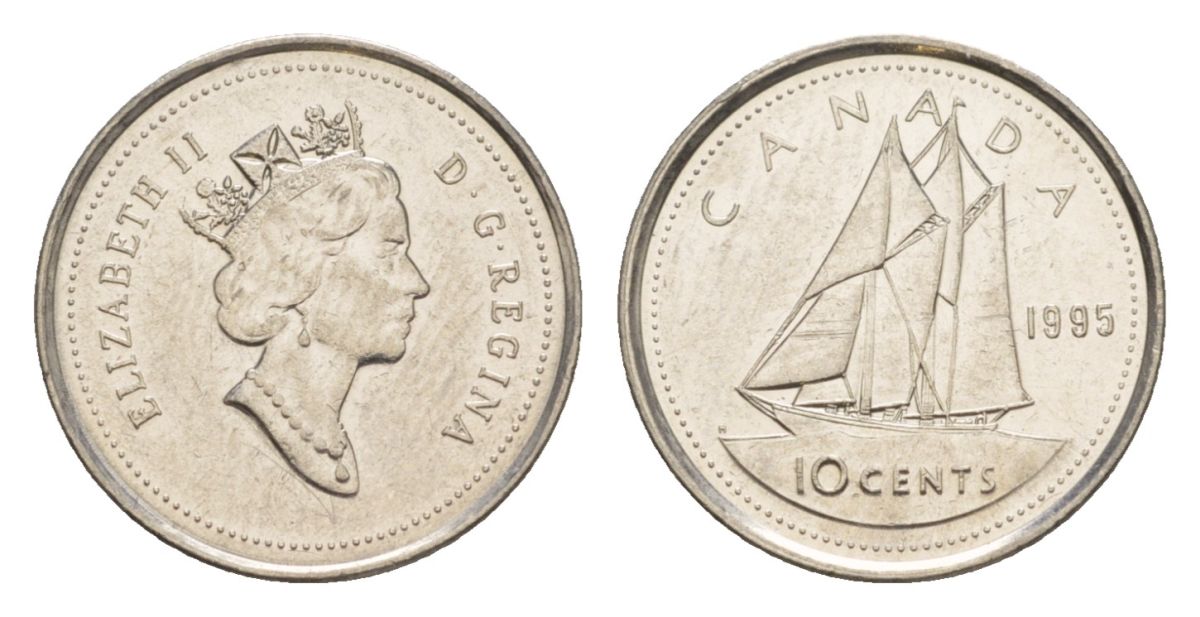 Канада 10 центов 1995 Елизавета II (1952-2022), парусник KM 183 никель 4630-846