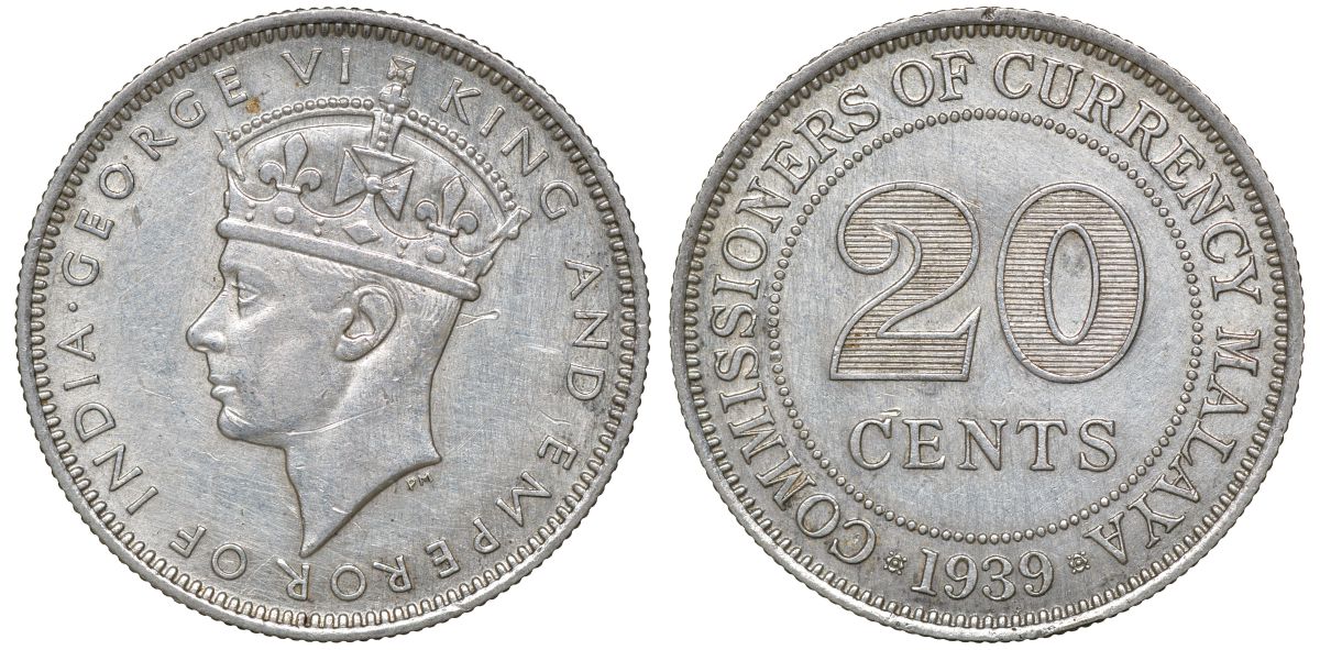 Британская Малайя 20 центов 1939 Георг VI (1937-1952) KM 5 серебро 53-344