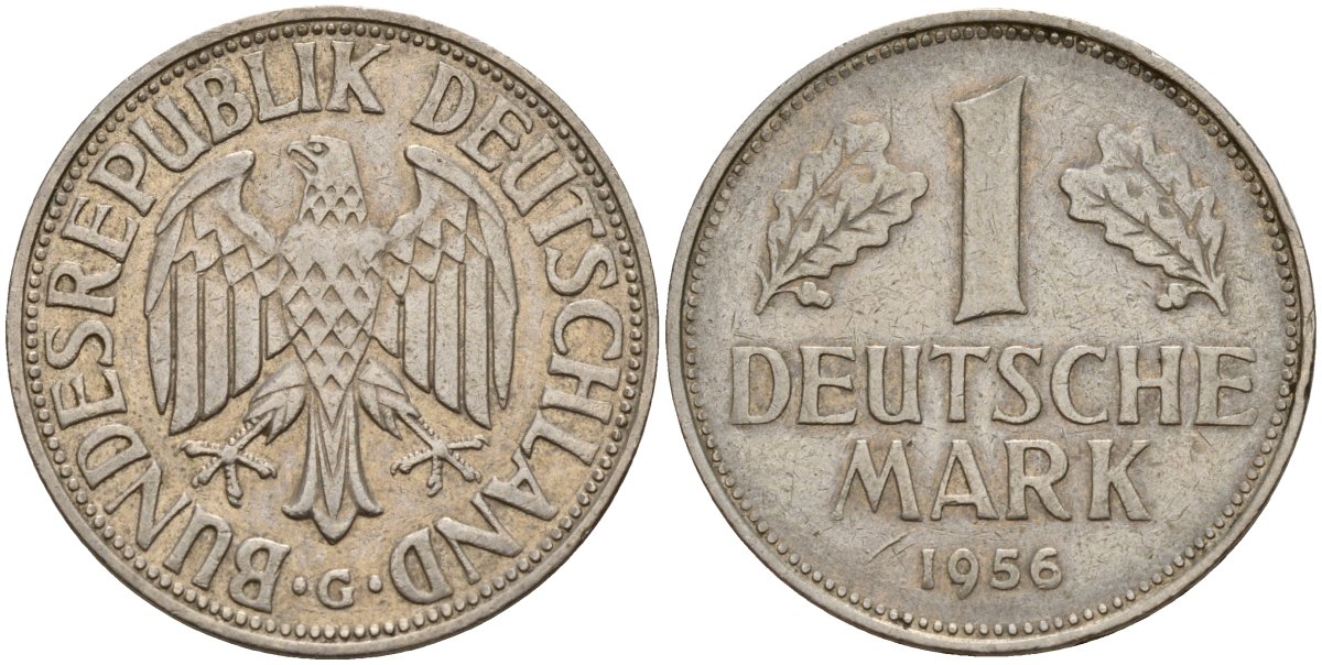 ФРГ 1 марка 1956 G KM 110, J. 385 медно-никель 4159-1033