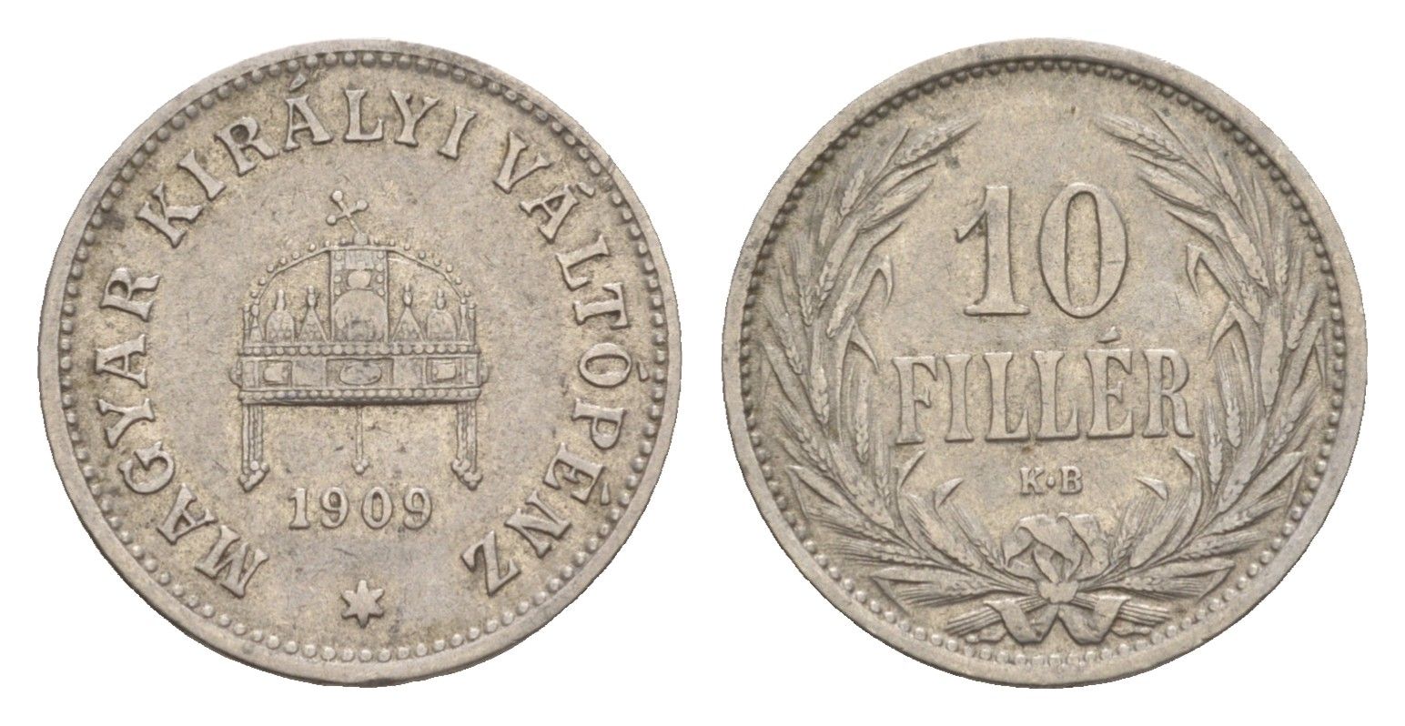 Венгрия 10 филлеров 1909 KB, Франц Иосиф (1848-1916) KM 482 никель 4651-1036