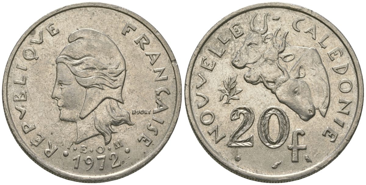 Французская Новая Каледония 20 франков 1972 три быка, (IEOM) KM 12, Schoen 14, Lec 106 никель 69-615