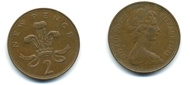 Великобритания 2 пенса 1971 Елизавета II (1952-2022) КМ 916, Spink 4235 (C1) бронза 4110-643