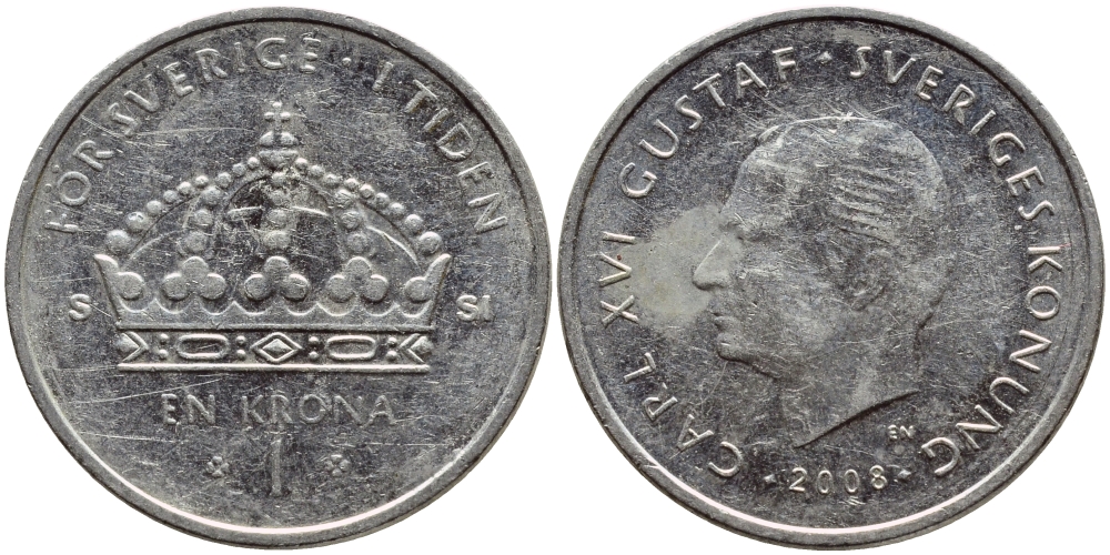 Швеция 1 крона 2008 Карл XVI Густав (1973- ) KM 894 медно-никель 87-814