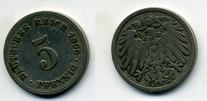 ГЕРМАНИЯ 5 ПФЕННИГОВ 1899 A, KM 11, J. 12 медно-никель 58-526