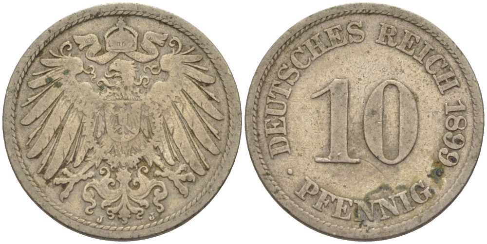 ГЕРМАНИЯ 10 ПФЕННИГОВ 1899 J KM 12, J. 13 медно-никель 4401-1056
