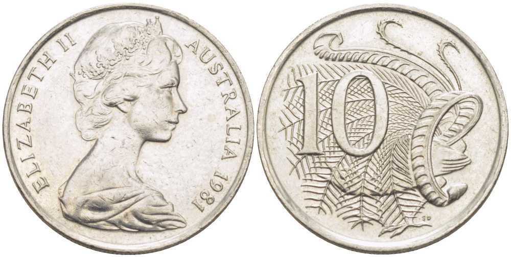 Австралия 10 центов 1981 Елизавета II (1952-2022), птица лирахвост KM 65 медно-никель 4622-323