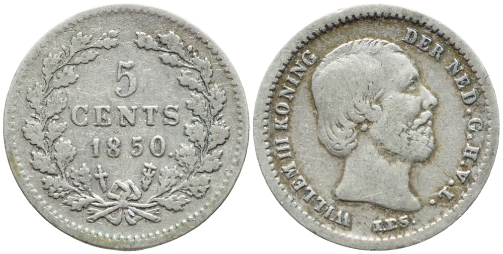Нидерланды 5 центов 1850 Виллем III (1849-1890), точка после даты KM 91 серебро 4396-247