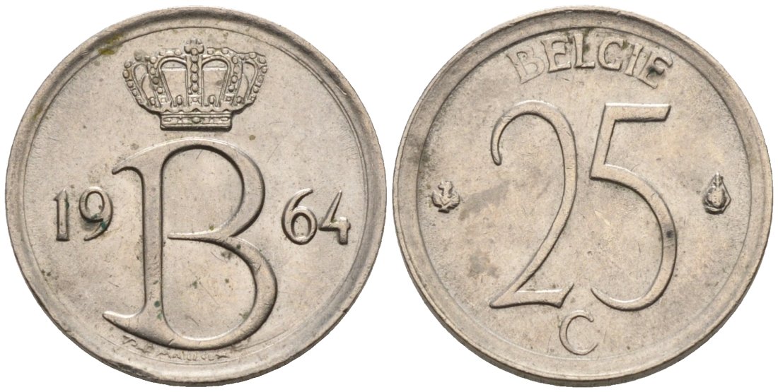 Бельгия 25 сантимов 1964 Belgie, Бодуэн I (1951-1993) KM 154.1 медно-никель 4564-928