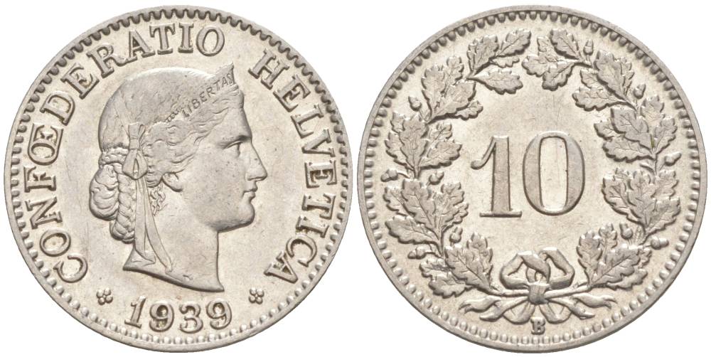 Швейцария 10 раппенов 1939 B KM 27b никель     201-357
