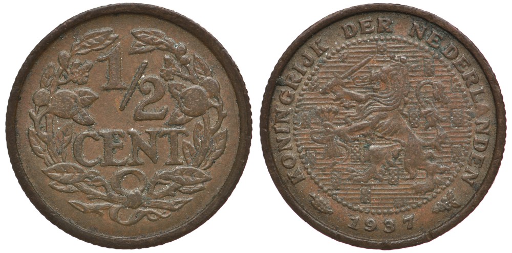 НИДЕРЛАНДЫ 1/2 ЦЕНТА 1937 ВИЛЬГЕЛЬМИНА I (1890-1948) KM 138 бронза 4381-653
