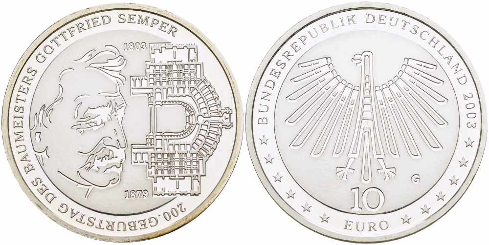 ФРГ 10 евро 2003 G, 200 лет Готфриду Земперу KM 227, DE.S. 10.11 серебро PROOF 1082-9-53