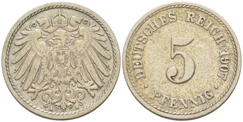ГЕРМАНИЯ 5 ПФЕННИГОВ 1907 A KM 11, J. 12, Weege 6 медно-никель 206-947