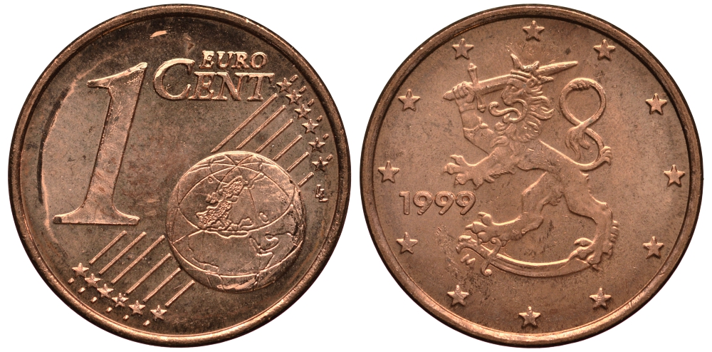 Финляндия 1 евроцент 1999 KM 98 сталь плакированная медью XF-UNC 4181-155