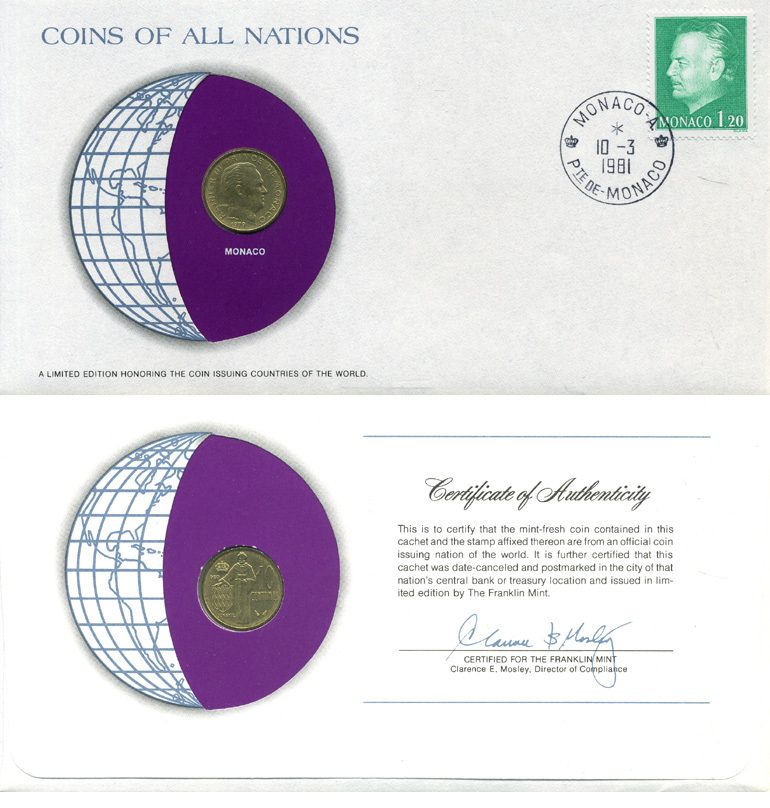 Монако 10 сантимов 1979 Ренье III (1949-2005), конверт с маркой первого дня гашения, Coins of Nations KM 142 алюминиевая бронза UNC 4294-70-3