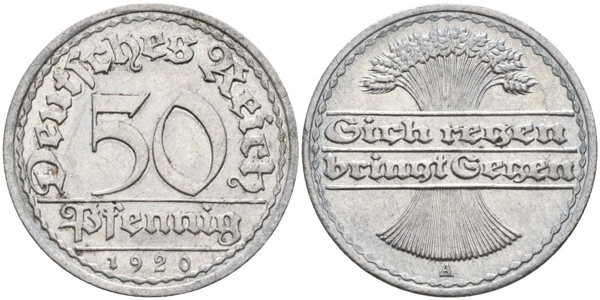 Германия 50 пфеннигов 1920 A KM 27, J.301, Weege 10 алюминий UNC 4584-716