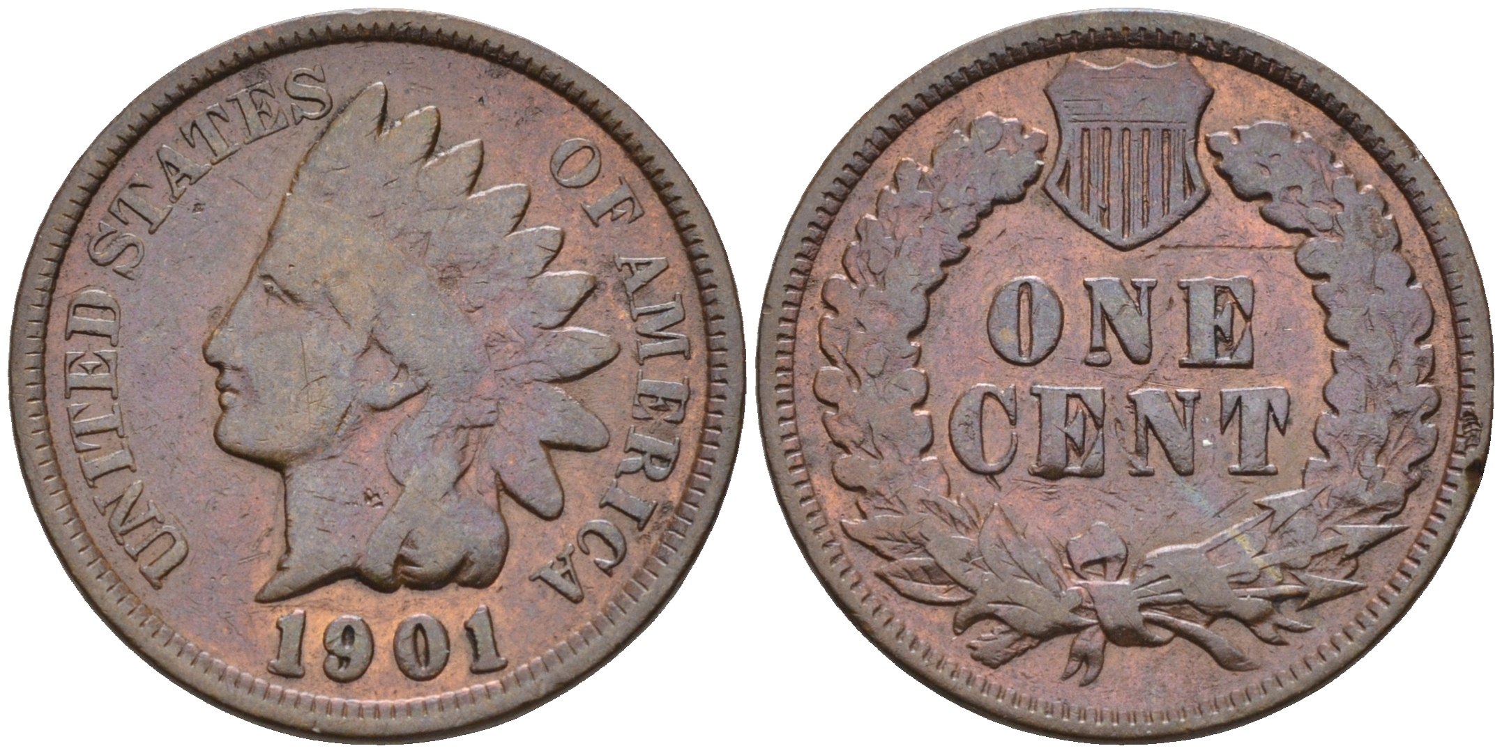 США 1 цент 1901 индеец, Indian head KM 90a бронза    4169-126