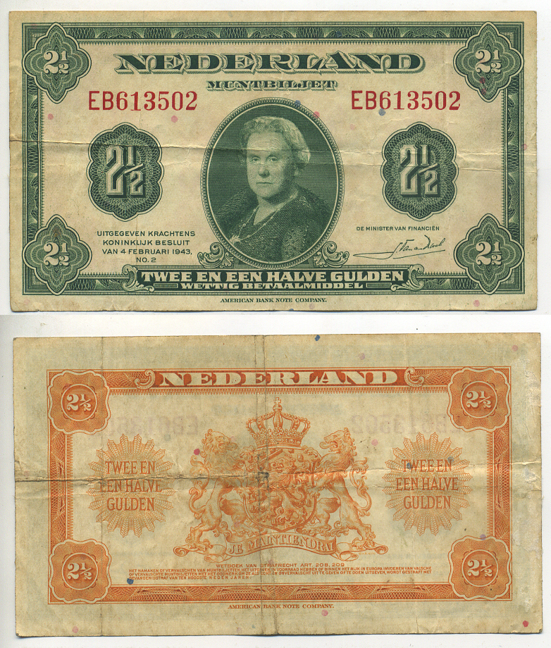 НИДЕРЛАНДЫ 2 1/2 ГУЛЬДЕНА 1943 ВИЛЬГЕЛЬМИНА, ЗЕЛЕНАЯ 4 ФЕВРАЛЯ 1943 Pick 65 бумага 7553-25-3