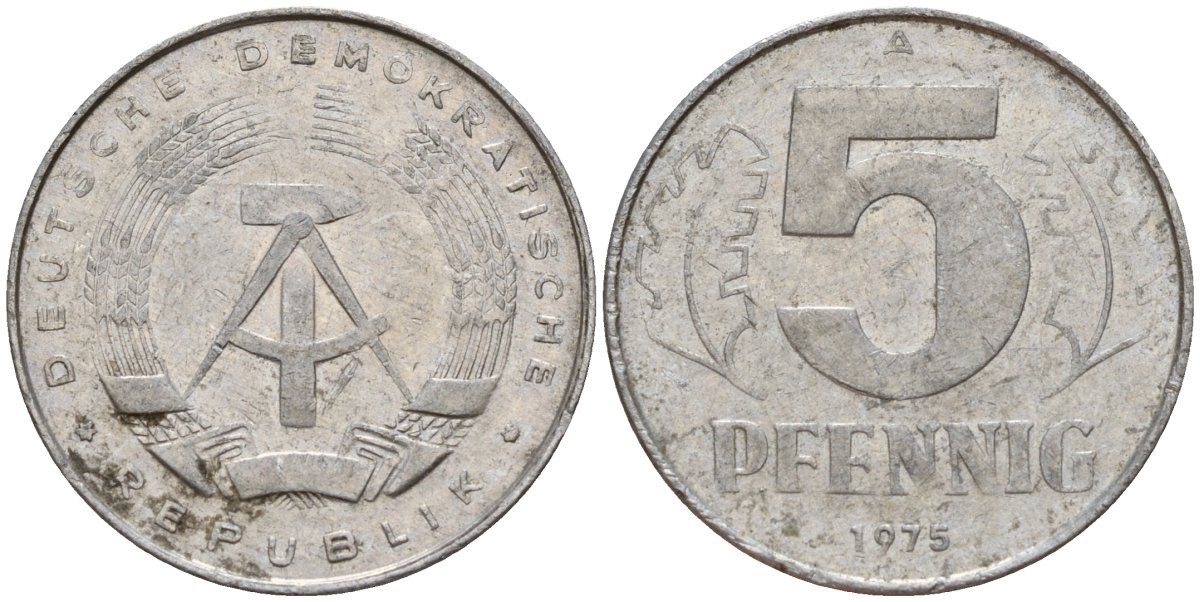 ГДР 5 пфеннигов 1975 A KM 9.1 алюминий 218-1057
