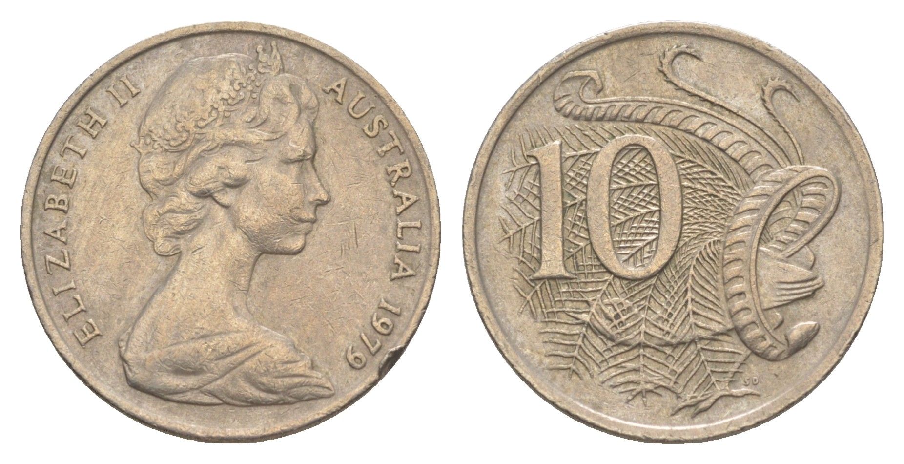 Австралия 10 центов 1979 Елизавета II (1952-2022), птица лирахвост KM 65 медно-никель 4364-1144