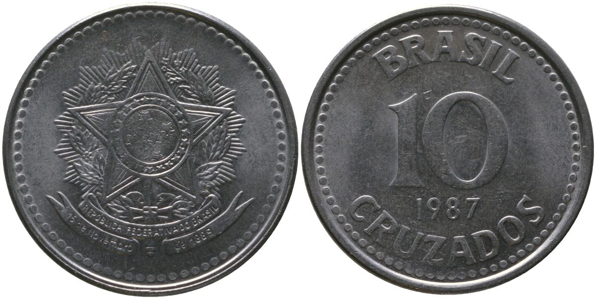 Бразилия 10 крузадо 1987 KM 607, Schon 116 нержавеющая сталь 4519-253