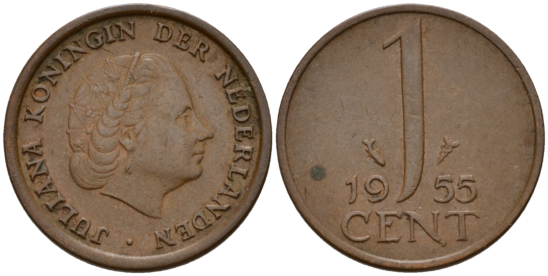 Нидерланды 1 цент 1955 Юлиана (1949-1980) KM 180 бронза    4598-161