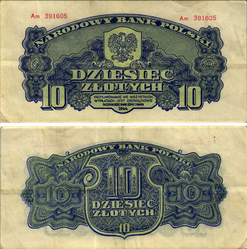 ПОЛЬША 10 ЗЛОТЫХ 1944 ПЕРВЫЙ НАЦИОНАЛЬНЫЙ ВЫПУСК ПОСЛЕ ВТОРОЙ МИРОВОЙ ВОЙНЫ, СЕРИЯ Am 391605, OBOWAZKOWE Pick 111a бумага VF-XF 7487-38-2