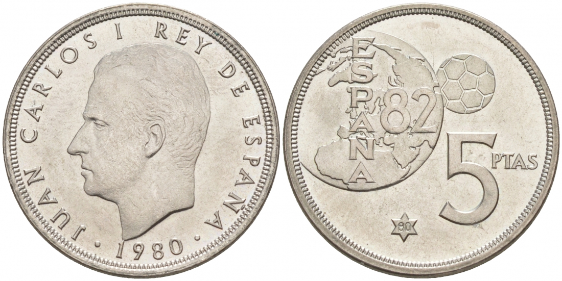 Испания 5 песет 1980 (80), Хуан Карлос , чемпионат мира по футболу, Испания 1982 KM 817 медно-никель UNC 3853-116