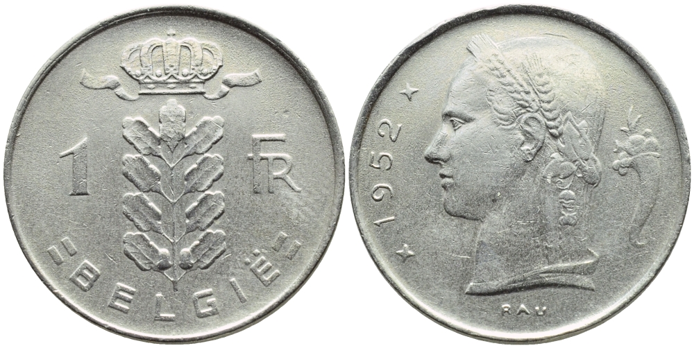 Бельгия 1 франк 1952 Belgie, Бодуэн I (1951-1993) KM 143.1 медно-никель 4390-1237