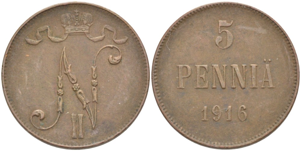 РОССИЯ ДЛЯ ФИНЛЯНДИИ 5 ПЕННИ 1916 НИКОЛАЙ II (1894-1917) KM 15, Биткин 456 медь 4539-251