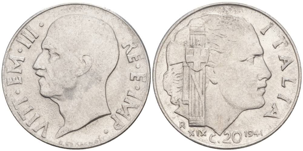 ИТАЛИЯ 20 ЧЕНТЕЗИМО 1941 R, ГОД XIX, ВИКТОР ЭММАНУИЛ III (1900-1946) KM 75b, VEM3. 1028 нержавеющая сталь 3853-722