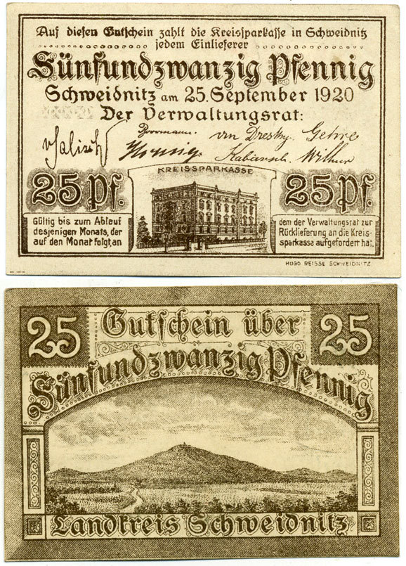 ШВЕЙДНИЦ (СВИДНИЦА ПОЛЬША) 25 ПФЕННИГОВ 1920 НОТГЕЛЬД, 25 СЕНТЯБРЯ 1920 Grabowski S61.2 бумага 7551-36-4-1