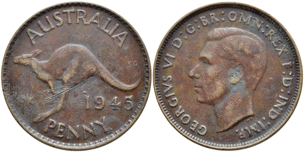 Австралия 1 пенни 1945 p, Георг VI (1937-1952), кенгуру KM 36 бронза 4394-342