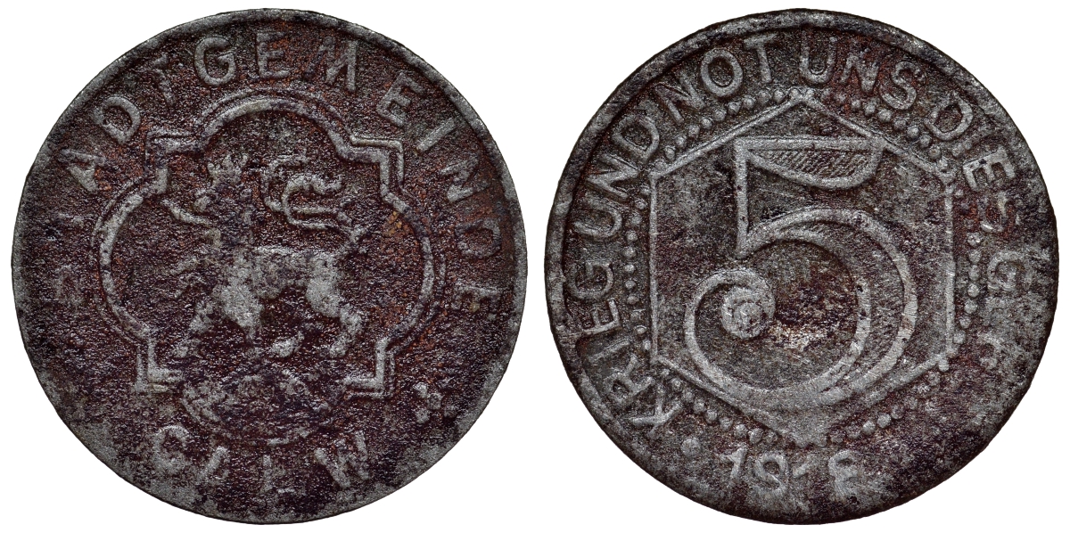 Германия, Кальф 5 пфеннигов 1918 Баден-Вюртемберг, нотгельд Funck 73.1c железо 4118-1116