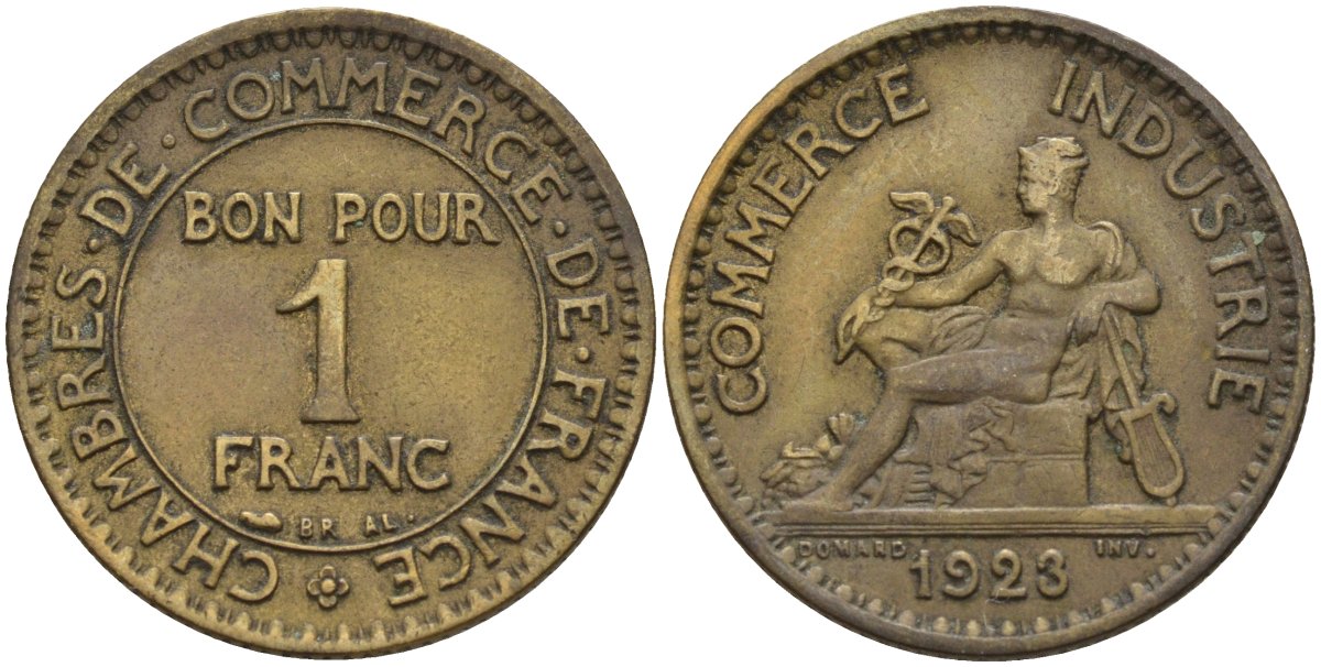 Франция 1 франк 1923 KM 876, Le Franc 218.5 алюминиевая бронза 4142-731