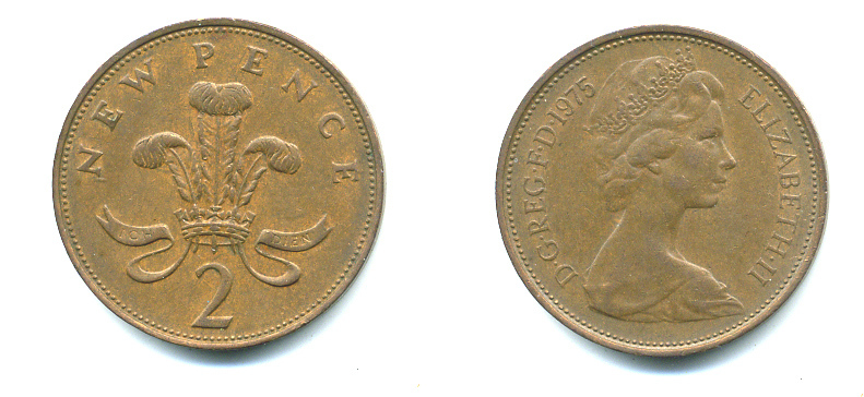 Великобритания 2 пенса 1975 Елизавета II (1952-2022) KM 916, Spink 4235 (C1) бронза 4383-917
