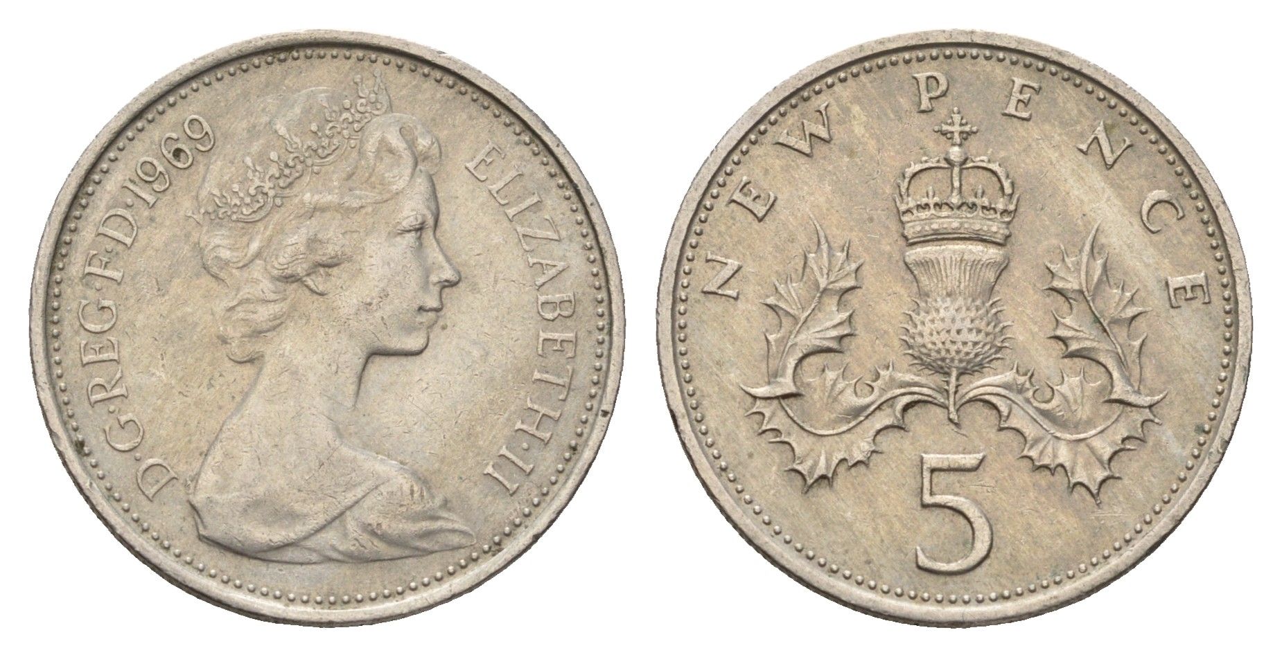 Великобритания 5 пенсов 1969 Елизавета II (1952-2022) KM 911, Spink 4233 (D1) медно-никель 4671-1155