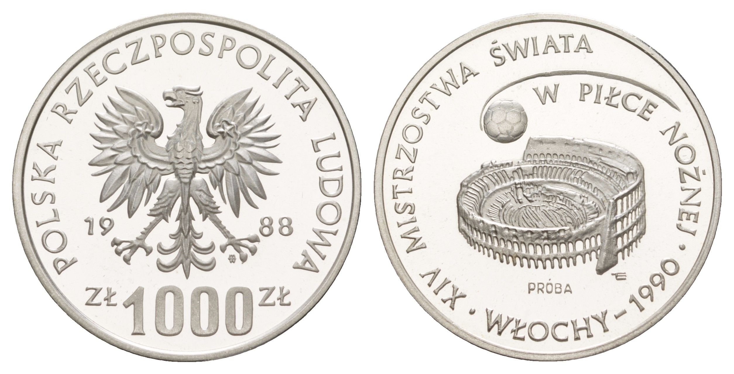 Польша 1000 злотых 1988 Чемпионат Мира по футболу 1990, PROBA, тираж 7.000 экзкемпляров Y Pr581 серебро PROOF 1083-3-11