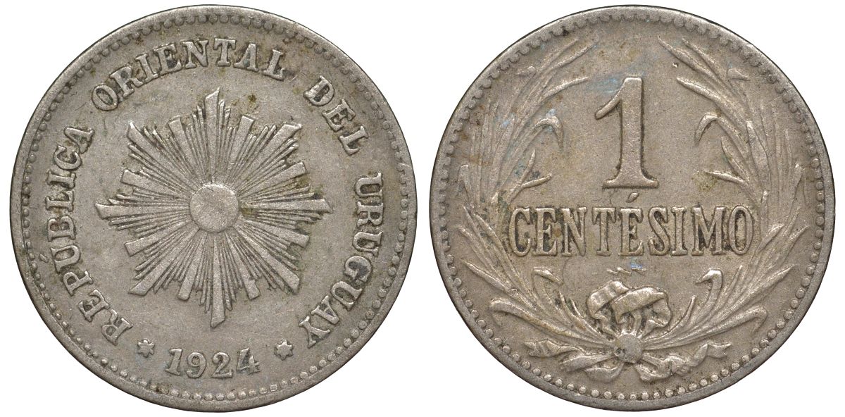 Уругвай 1 сентесимо 1924 KM 19 медно-никель 3955-1213