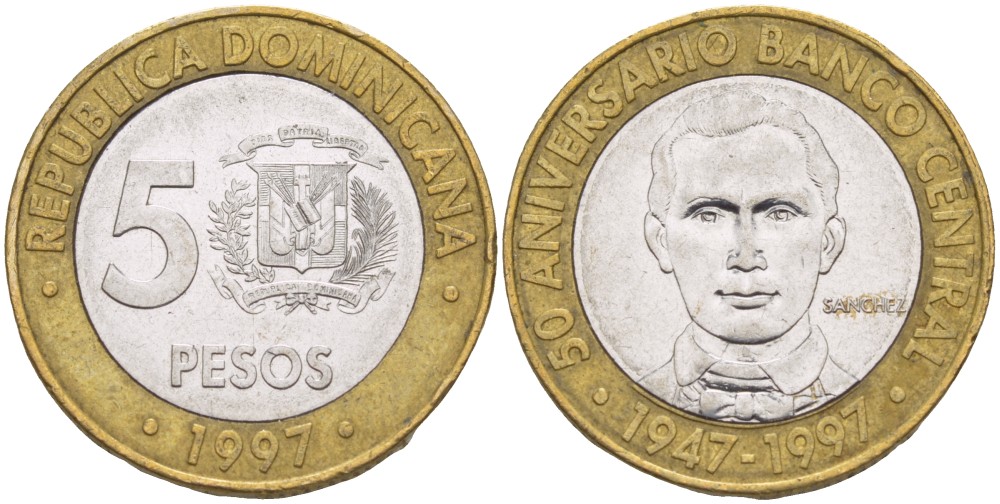 Доминиканская республика 5 песо 1997 50 лет центральному банку KM 88 биметалл 4541-1047