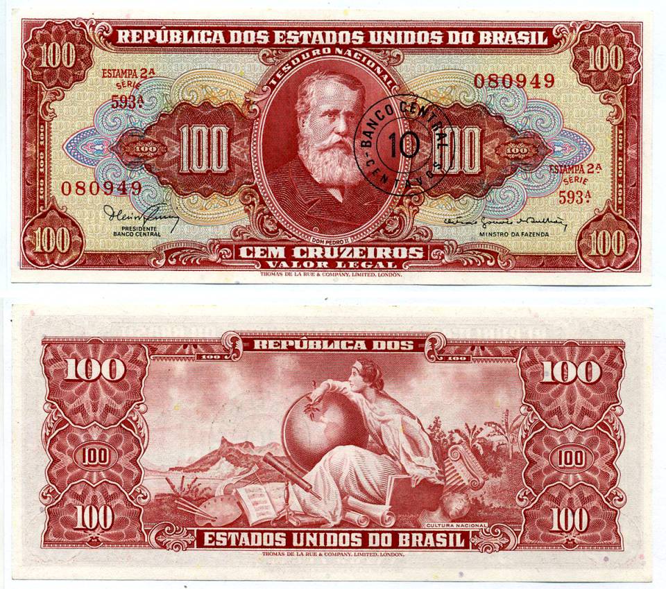 БРАЗИЛИЯ 10 СЕНТАВО 1966 СЕРИЯ 593А, ESTAMPA 2A, ОШИБКА (MINSTRO), НАДПЕЧАТКА НА 100 КРУЗЕЙРО Pick 185a бумага UNC (ПРЕСС) 7222-23-3