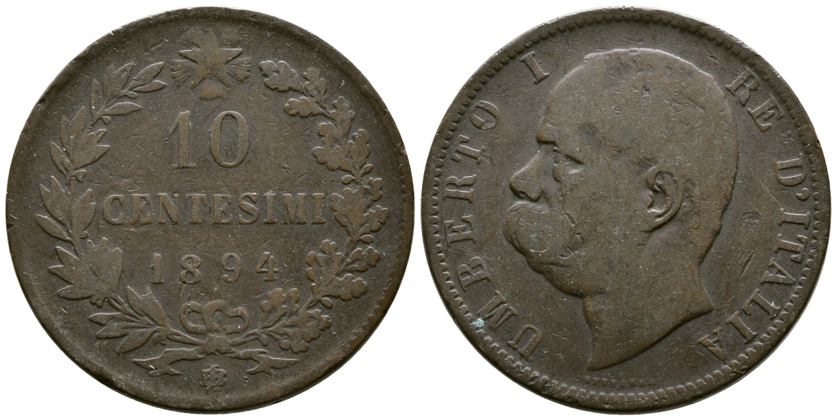 Италия 10 чентезимо 1894 B/I, Умберто I (1878-1900) KM 27.1 медь 4381-142