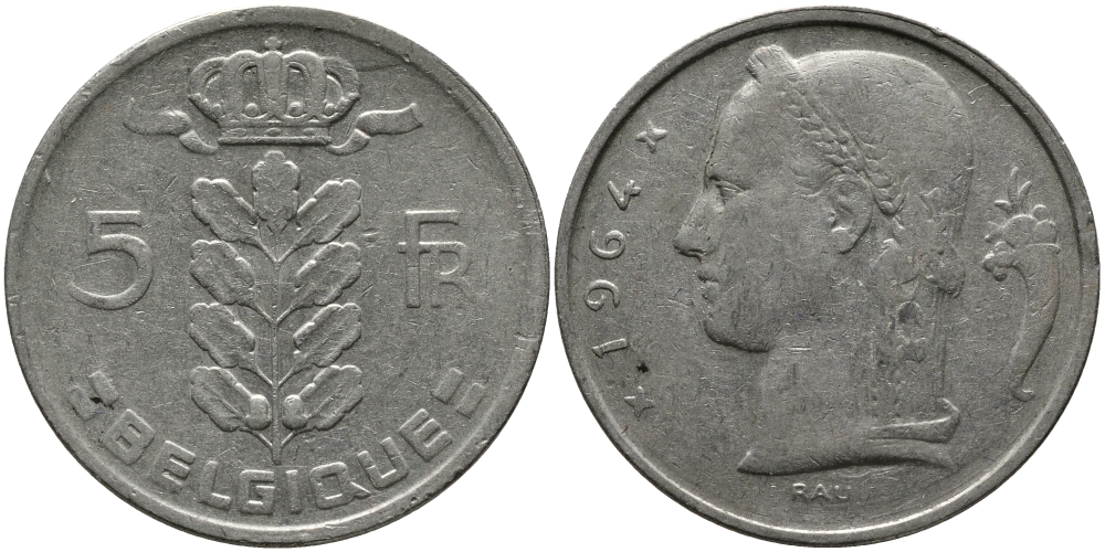 БЕЛЬГИЯ 5 ФРАНКОВ 1964 BELGIQUE KM 134.1 медно-никель 98-633